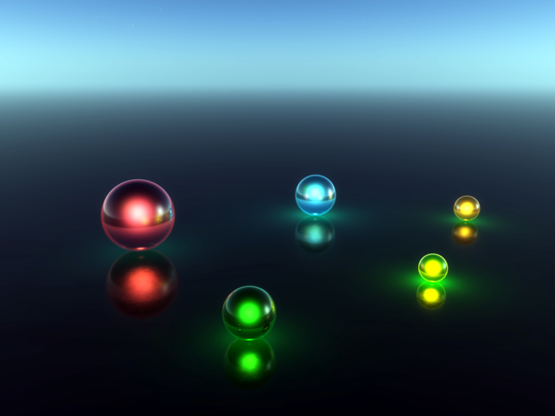 HD PC desktop wallpaper featuring a dark, reflective surface with six glowing, colorful abstract balls scattered across it against a gradient blue background.
