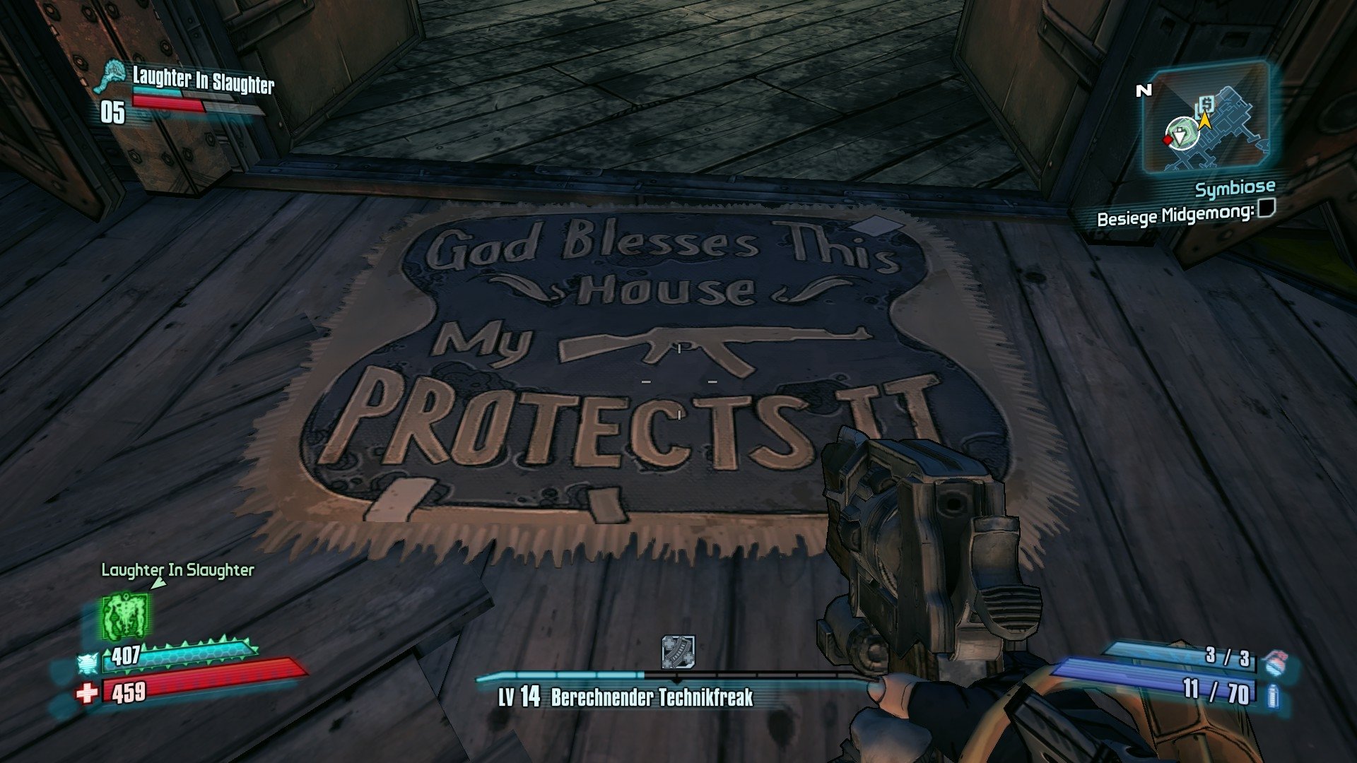 HD Borderlands 2 PC wallpaper showing a doormat with the phrase God Blesses This House, My Gun Protects It featuring in-game HUD elements and a gun in hand.