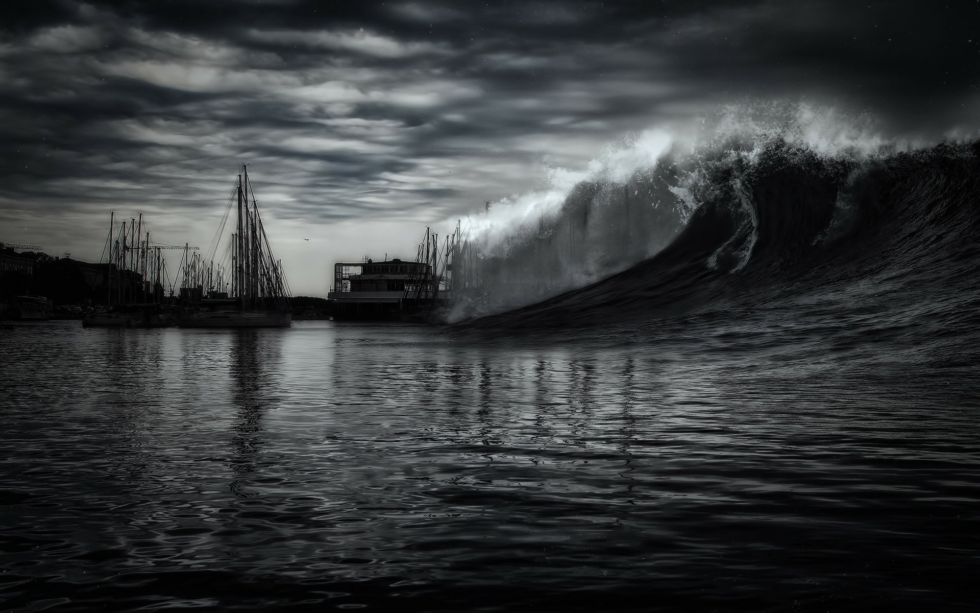 HD PC desktop wallpaper featuring a dramatic black-and-white ocean scene with a large breaking wave near a docked ship under a cloudy sky.