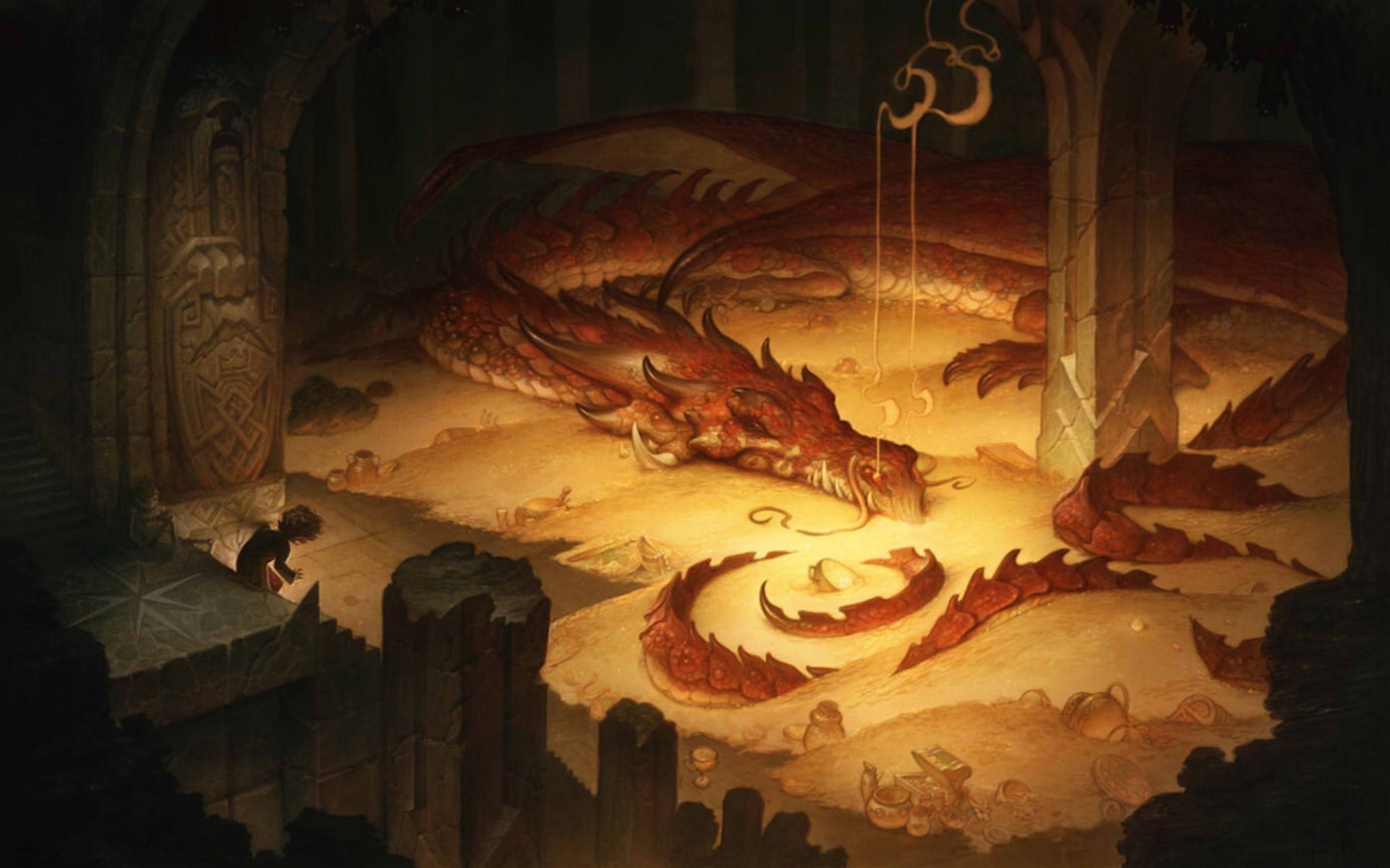 HD wallpaper depicting a mystical scene with a large dragon sleeping in an ancient, candle-lit cathedral.