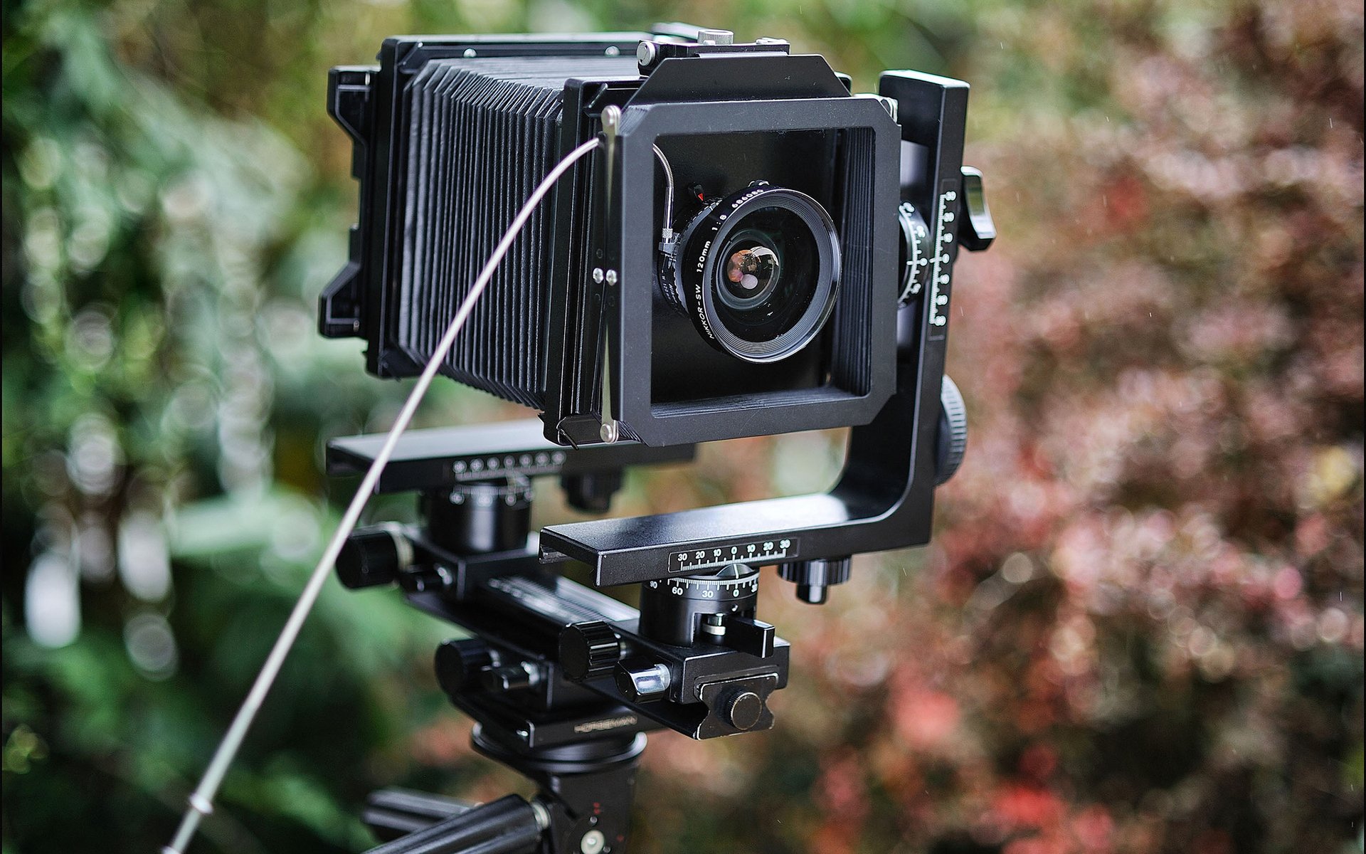 HD desktop wallpaper showing a detailed close-up of a man-made vintage camera mounted on a tripod with a blurred natural background.