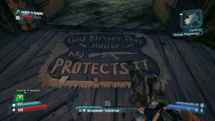 HD Borderlands 2 PC wallpaper showing a doormat with the phrase God Blesses This House, My Gun Protects It featuring in-game HUD elements and a gun in hand.
