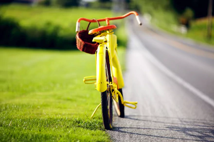 A vibrant yellow bicycle with a basket stands on the grass beside a picturesque road, creating a serene and inviting HD desktop wallpaper background.