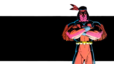 Thunderbird (Marvel) comic hero with feathered headband and fringed costume, arms crossed at right against a wide black bar on white — HD PC desktop wallpaper background, thunderbird