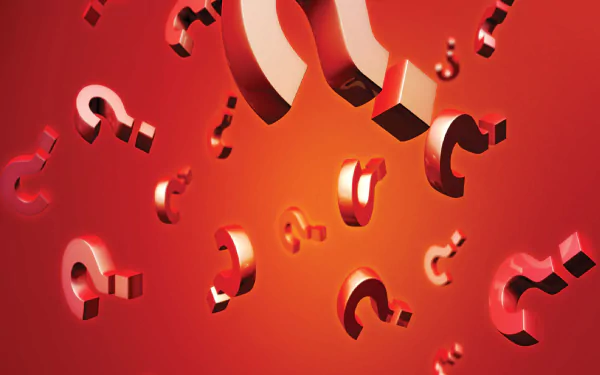 Abstract image featuring floating red question marks against a gradient orange background.
