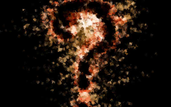 Abstract HD desktop wallpaper featuring a question mark made of pixelated, fiery hues against a dark background.
