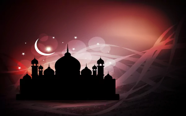 HD PC desktop wallpaper featuring a silhouette of a mosque with a crescent moon against a glowing, abstract red and black background with subtle religious motifs.