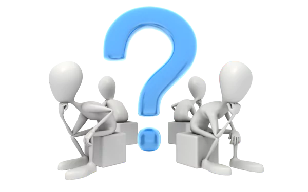 HD desktop wallpaper featuring an abstract design with a large blue question mark and several simplistic, white, mannequin-like figures in various thinking poses.