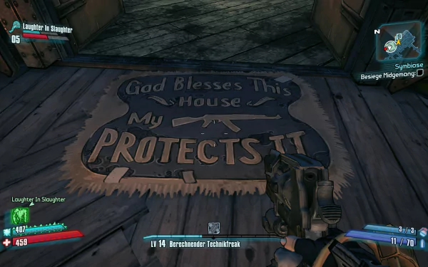 HD Borderlands 2 PC wallpaper showing a doormat with the phrase God Blesses This House, My Gun Protects It featuring in-game HUD elements and a gun in hand.