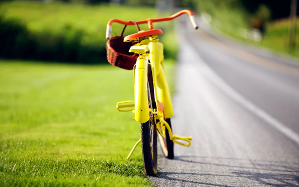 A vibrant yellow bicycle with a basket stands on the grass beside a picturesque road, creating a serene and inviting HD desktop wallpaper background.