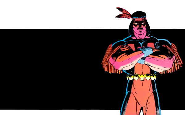 Thunderbird (Marvel) comic hero with feathered headband and fringed costume, arms crossed at right against a wide black bar on white — HD PC desktop wallpaper background, thunderbird