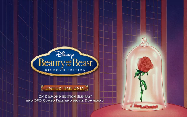 A vibrant HD wallpaper featuring the iconic enchanted rose under a glass dome from Disney's Beauty and the Beast (1991), showcasing its timeless magic.