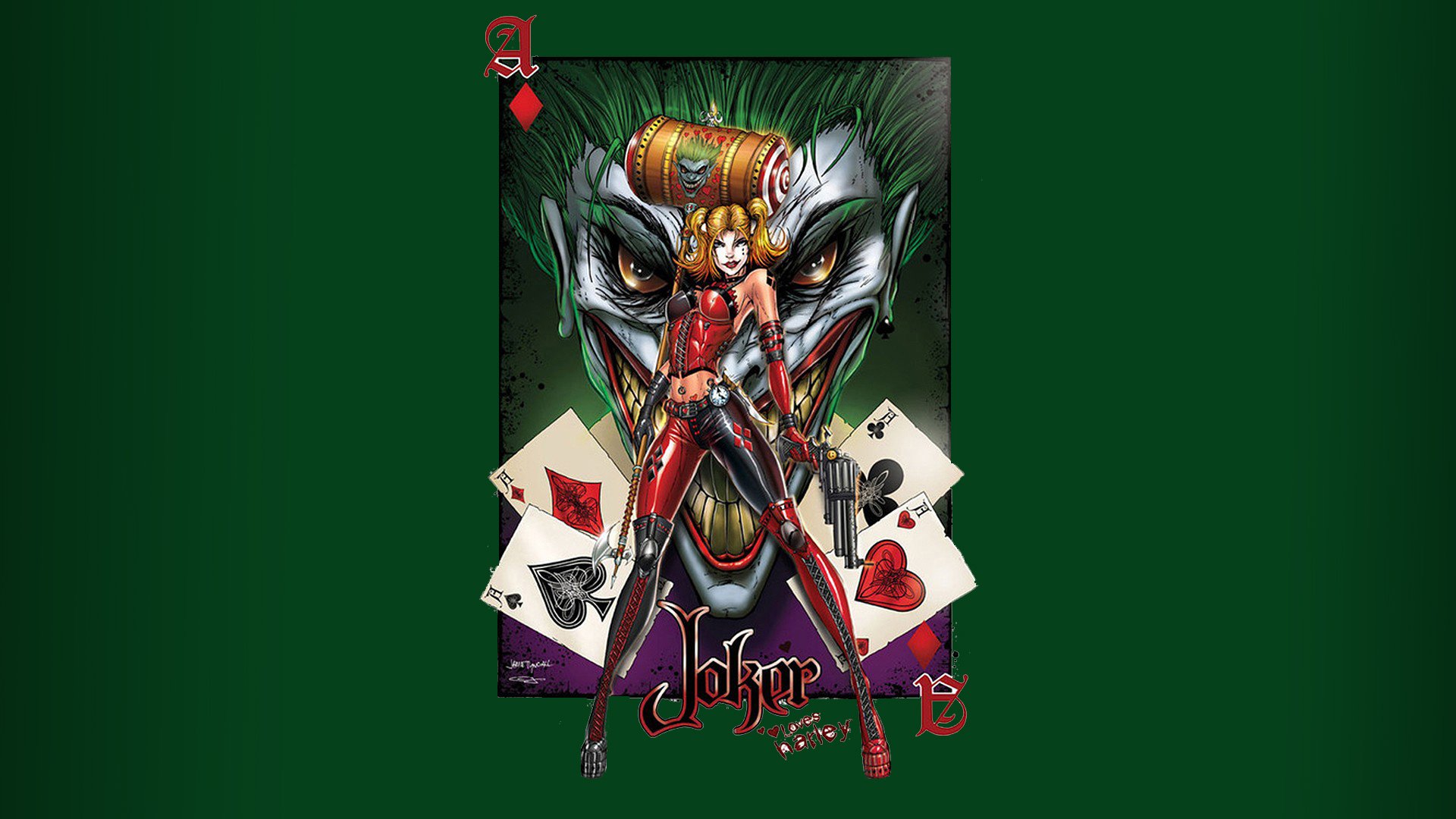 Vibrant comic-style HD wallpaper featuring Harley Quinn, standing confidently with playing cards and a menacing Joker face in the background, set against a rich green backdrop.