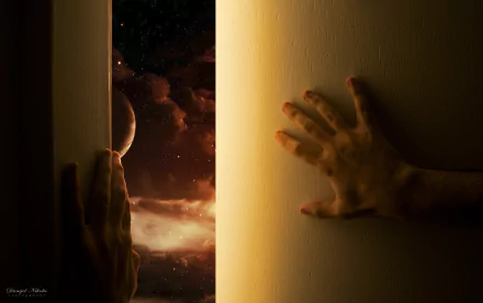 HD desktop wallpaper featuring an artistic sci-fi scene with hands touching a doorway that opens to a cosmic sky with stars and a nebula.