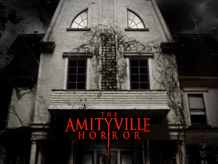 HD PC desktop wallpaper of the Amityville house from the movie The Amityville Horror (1979), eerie night façade with creeping vines and a glowing red title.