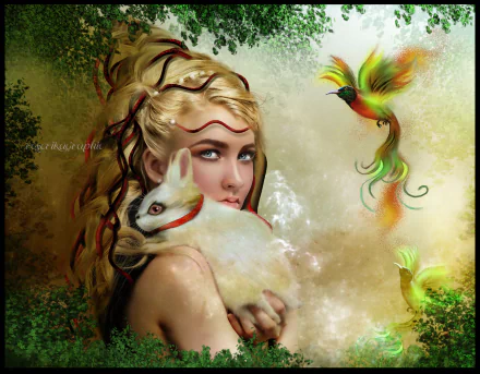 Fantasy-themed HD PC desktop wallpaper featuring a woman with intricate braided hair holding a white rabbit, surrounded by colorful mystical birds in a dreamy forest setting.