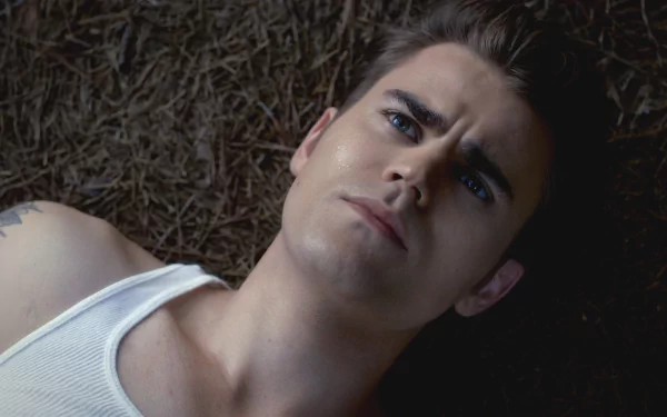HD PC desktop wallpaper featuring a close-up of celebrity Paul Wesley lying on the ground, gazing thoughtfully upward.