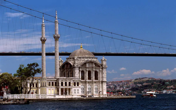 HD PC desktop wallpaper: Ortaköy Mosque, a religious waterfront landmark on the Bosphorus with a suspension bridge and clear blue sky.