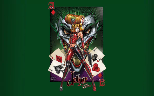 Vibrant comic-style HD wallpaper featuring Harley Quinn, standing confidently with playing cards and a menacing Joker face in the background, set against a rich green backdrop.