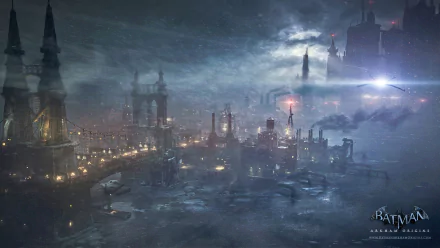 HD PC desktop wallpaper from the video game Batman: Arkham Origins, depicting a dark, foggy cityscape with industrial buildings and moody lighting.