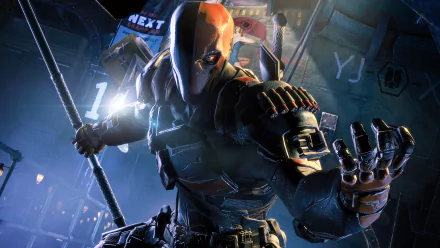 A dynamic HD wallpaper featuring Deathstroke from the video game Batman: Arkham Origins, showcasing the character's menacing pose and detailed armor against a dramatic backdrop.
