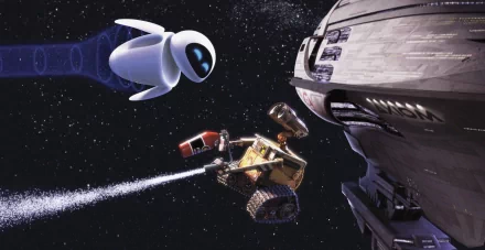 HD desktop wallpaper of Wall-E and Eve from the movie Wall-E, showing the two characters in space, with a spaceship in the background.