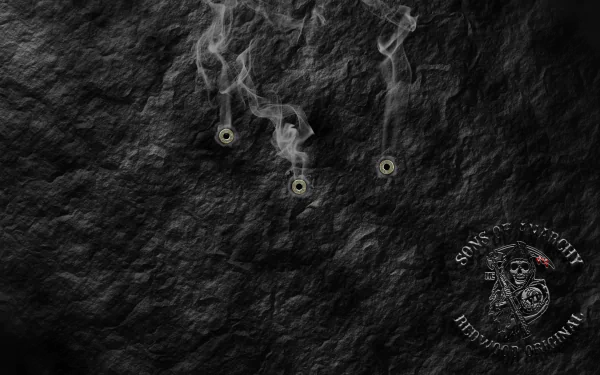 HD desktop wallpaper featuring the Sons of Anarchy logo on a textured dark background with three bullet holes and rising smoke, inspired by the TV show.