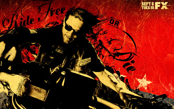HD PC desktop wallpaper featuring a Sons of Anarchy scene with a biker against a red background, showcasing the phrase Ride Free or Die and the FX network logo.