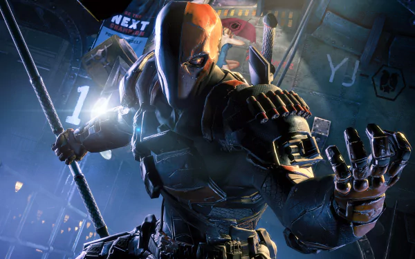 A dynamic HD wallpaper featuring Deathstroke from the video game Batman: Arkham Origins, showcasing the character's menacing pose and detailed armor against a dramatic backdrop.