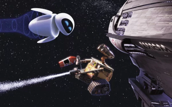 HD desktop wallpaper of Wall-E and Eve from the movie Wall-E, showing the two characters in space, with a spaceship in the background.