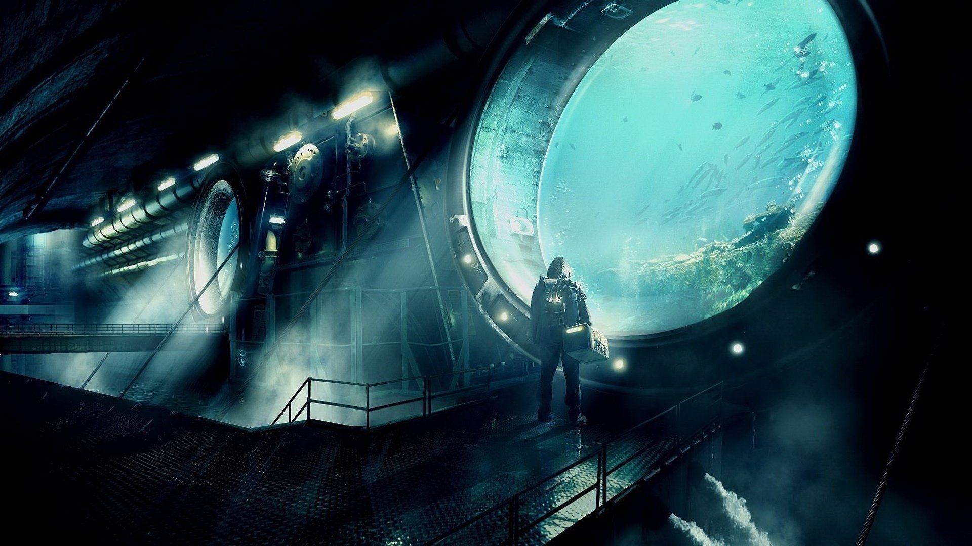 HD PC desktop wallpaper depicting a fantasy ocean scene viewed through a large underwater porthole with a lone diver standing on a platform inside a submerged structure.