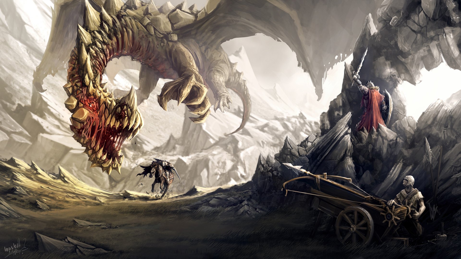 A dramatic fantasy scene featuring a fierce dragon looming over a warrior, with a distant cart in a rocky landscape, captured in HD quality for PC desktop wallpaper.