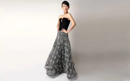 HD PC desktop wallpaper featuring celebrity Zhang Ziyi in an elegant black top and flowing patterned skirt against a neutral background.