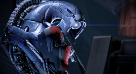 HD PC desktop wallpaper featuring Legion, the armored synthetic character from the Mass Effect video game series, shown in a detailed close-up profile view.