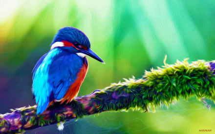A vibrant kingfisher perched on a moss-covered branch, set against an abstract green background. This stunning image serves as an HD desktop wallpaper and background.