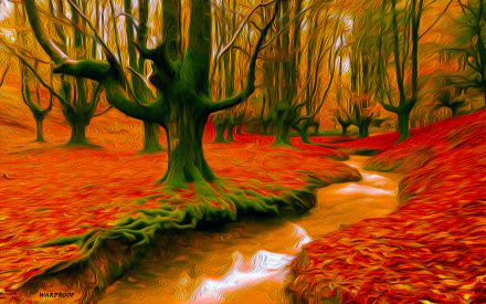 A serene autumn scene featuring vibrant orange and red foliage blankets the ground, along with a gentle stream weaving through a tranquil forest setting. An HD nature wallpaper capturing fall's beauty.