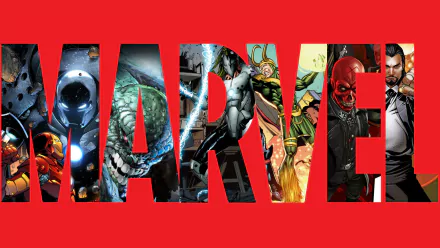 A vibrant HD wallpaper featuring iconic Marvel Comics characters, including Red Skull, Loki, and Iron Man, showcased against a bold red background with a large MARVEL text.