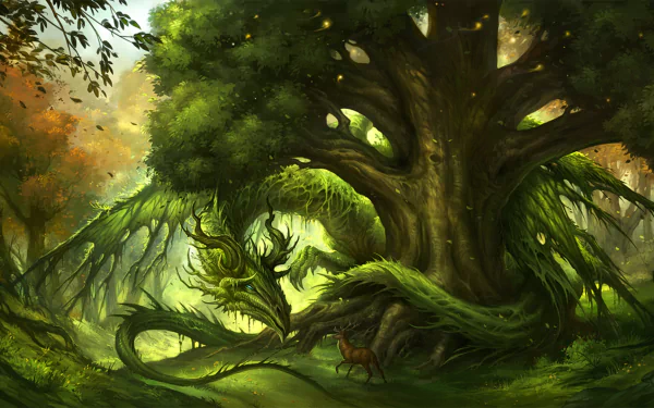 HD fantasy-themed desktop wallpaper featuring a majestic green dragon blending into an enchanted forest with a large, ancient tree.