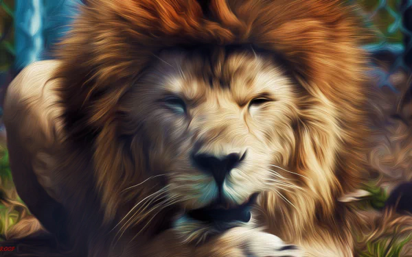 HD desktop wallpaper featuring a majestic lion with a rich, flowing mane, set against a vibrant, blurred foliage background.