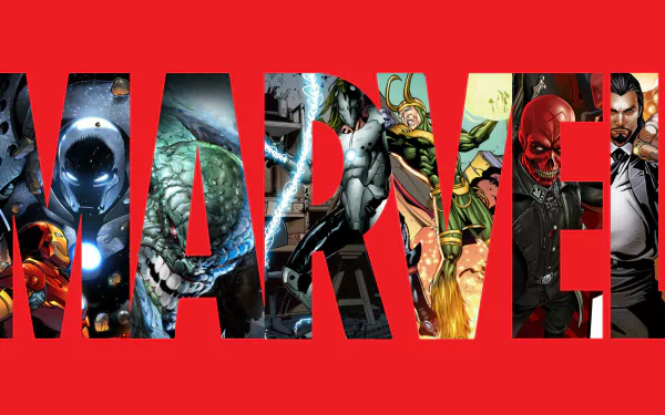 A vibrant HD wallpaper featuring iconic Marvel Comics characters, including Red Skull, Loki, and Iron Man, showcased against a bold red background with a large MARVEL text.