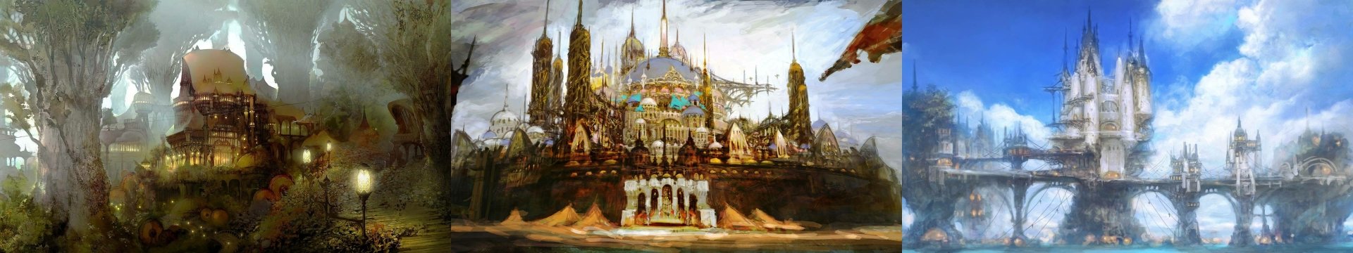 HD PC desktop wallpaper featuring a detailed, fantastical cityscape from the video game Final Fantasy XIV, showcasing intricate towers and domes under a cloudy sky.