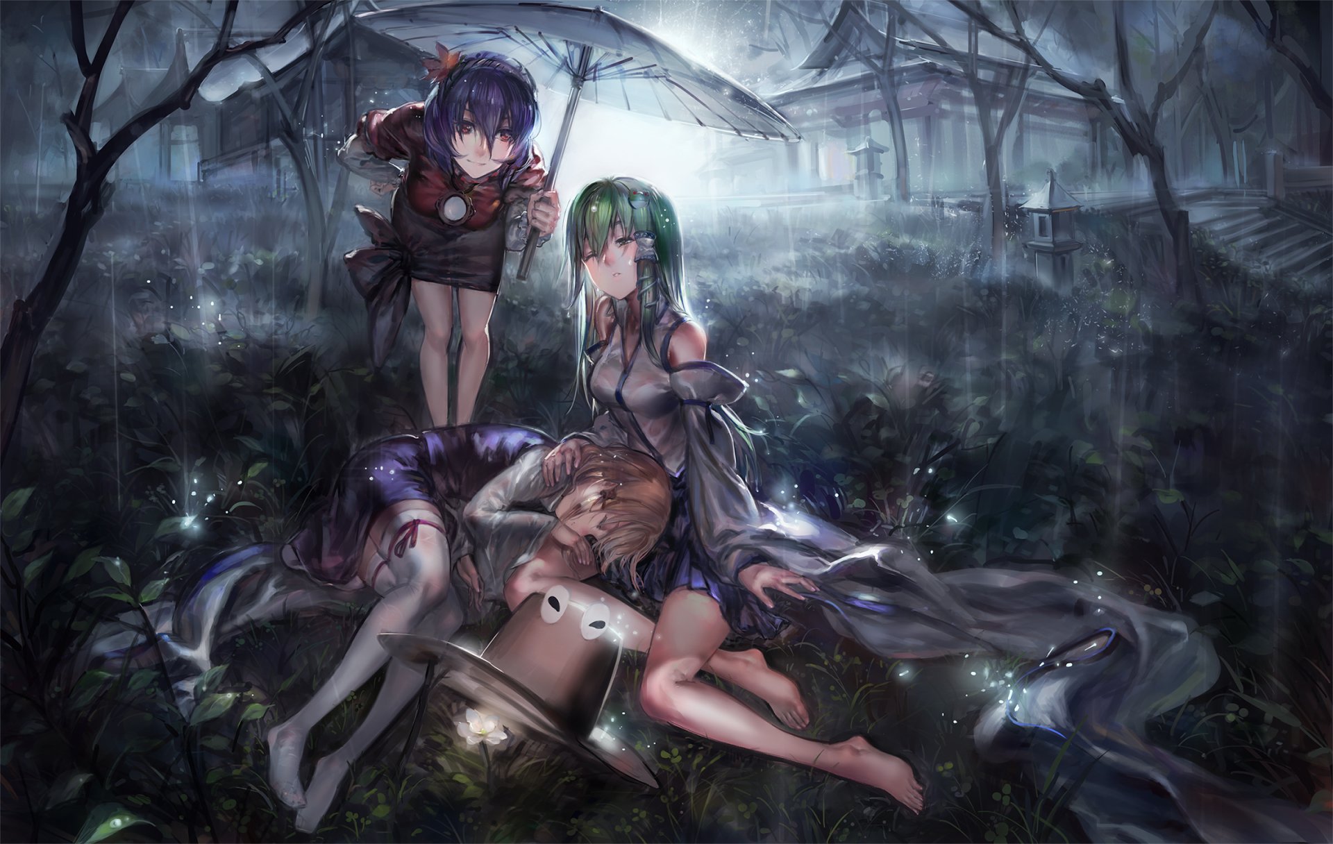 HD desktop wallpaper featuring Touhou characters Kanako Yasaka, Suwako Moriya, and Sanae Kochiya in a misty, rainy forest setting.
