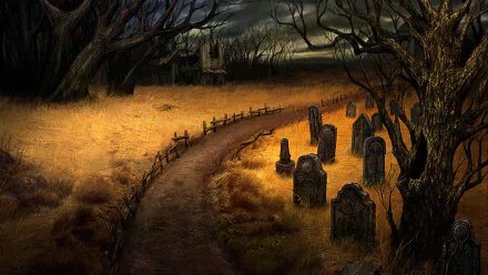 Dark cemetery scene with twisted trees, weathered tombstones, and a winding path under a gloomy sky, captured in HD for a moody PC desktop wallpaper.