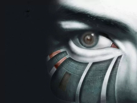 HD wallpaper of a close-up of a cyborg's eye, combining human and robotic elements in a sci-fi aesthetic.
