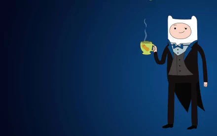Finn from Adventure Time stands confidently in a tuxedo, holding a steaming cup. The HD background highlights his playful personality and adds a vibrant touch to any desktop.