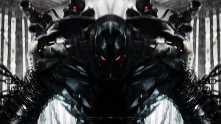 A striking HD desktop wallpaper featuring War Machine from a comic, showcasing a dark, armored figure with glowing red eyes amidst a chaotic backdrop.