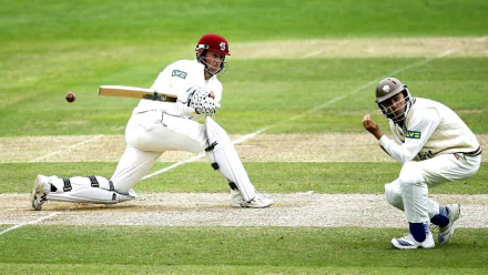 A cricketer plays a shot while another player prepares to catch the ball, set against a lush green field. HD desktop wallpaper background.