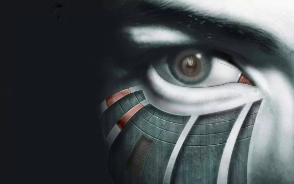 HD wallpaper of a close-up of a cyborg's eye, combining human and robotic elements in a sci-fi aesthetic.