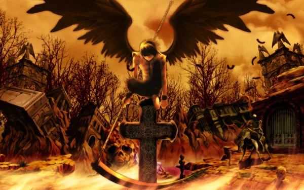 HD desktop wallpaper featuring an anime angel with black wings and a scythe, standing on a cross amid a fiery, desolate landscape. Inspired by Death Note.