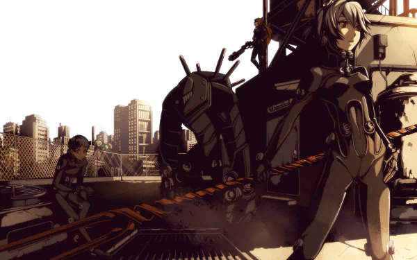 HD PC desktop wallpaper featuring anime characters Rei Ayanami and a Gantz figure, blending Neon Genesis Evangelion and Gantz themes in a detailed urban setting.